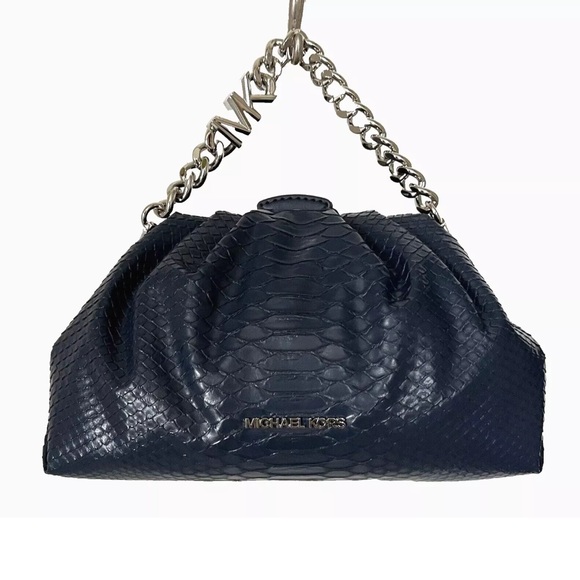 New Michael Kors Nola Small Snake Embossed Crossbody Chain Clutch Navy - Picture 3 of 6